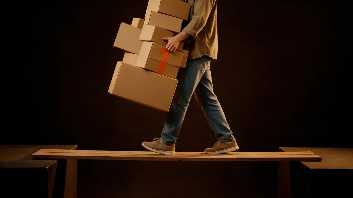 Person trägt einen Stapel Umzugskartons über eine Holzplanke zwischen zwei Podesten, Symbol für den Umzug von WooCommerce zu Shopify